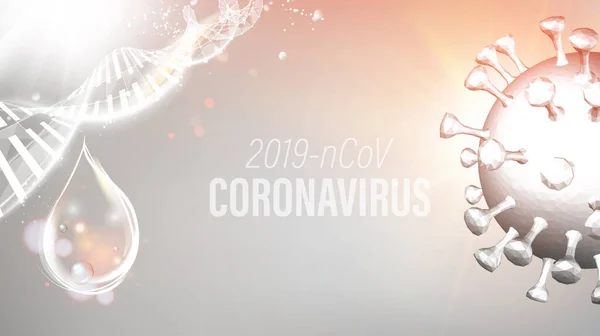 Počítačový model koronaviru v futuristických paprscích uvnitř lidského genomu DNA na fialovém pozadí. 3D model viru 19-nCov. Lékařská ilustrace — Stockový vektor