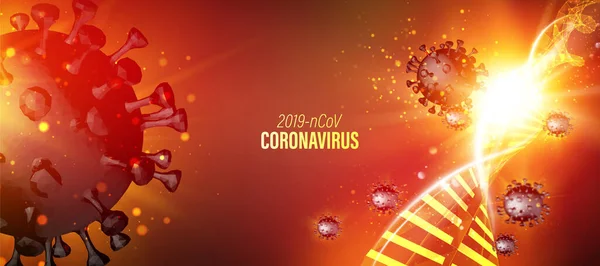Počítačový model koronaviru v futuristických červených paprscích přes tmavé pozadí a molekulu DNA. 3D model viru 19-Cov. Zůstaňte doma, abyste snížil (a) riziko závažné nemoci. Koronavirová lékařská ilustrace — Stockový vektor