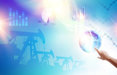 İnsan elinin parmağı Dünya 'yı işaret ediyor. Petrol pompaları ve raydan çıkarmalarla salgın hastalıklar bilimi geçmişi. Vektör illüstrasyonu