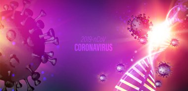 Coronavirus 'un insan DNA genomunun içindeki gelecekteki ışınları gösteren bilgisayar modeli menekşe arkaplan üzerinde. Virüsün 3 boyutlu modeli 19-nCov. Tıbbi illüstrasyon