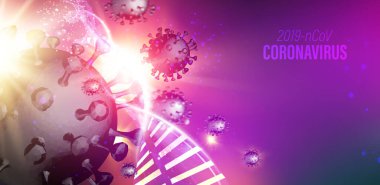 Coronavirus 'un karanlık arka plan ve DNA molekülü üzerindeki kırmızı ışınlı bilgisayar modeli. Virüs 19-Cov 'un 3 boyutlu modeli. Ağır hastalık riskini azaltmak için evde kal. Coronavirus Tıbbi İllüstrasyon