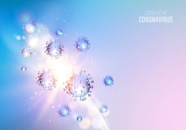 Hızlı büyüyen küresel salgın. Coronavirus hastalığın belirtilerini gösteriyor. Kasan için evde kal. Virüsün bilgisayar modeli.