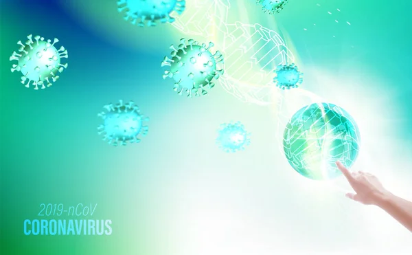 Επιστημονική απεικόνιση με το δάχτυλο του ανθρώπινου χεριού να δείχνει τον πλανήτη Γη. Επιδημικό μπλε επιστημονικό υπόβαθρο. Μπλε infographic με DNA. Ιός του Coronavirus ιατρική απεικόνιση — Διανυσματικό Αρχείο