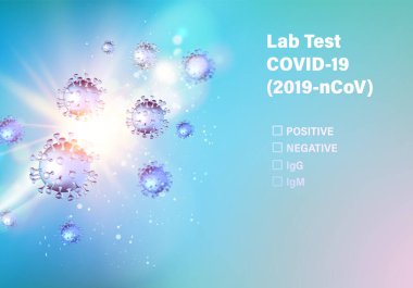 Covid-19 'un laboratuvar test listesi. Coronavirus hastalığın belirtilerini gösteriyor. Kasan için evde kal. Virüsün bilgisayar modeli.