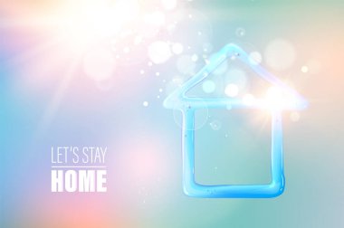 Mavi gökyüzü arka planında toprak küre olan ev şeklinde mavi sıvı jel. Minimum düzlükte bir ev. Coronavirus 'taki ağır hastalık riskini azaltmak için evde kal..