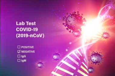 Covid-19 'un laboratuvar test listesi. Coronavirus 'un karanlık arka plan ve DNA molekülü üzerindeki kırmızı ışınlı bilgisayar modeli. Ağır hastalık riskini azaltmak için evde kal.