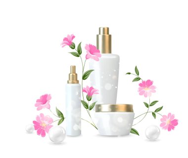 Kadınlar güzel şişelerde kozmetik ürünlere beyaz arka planda önem verirler. Aromatik bitkiler krem ve yağ. Vitamin ve Yenilenme Kremi ile nemlendirici bitkisel özü içerir.