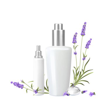 Kadınlar güzel şişelerde kozmetik ürünlere beyaz arka planda önem verirler. Lavanta kreması ve yağ. Vitamin ve yenilenme kremi ile nemlendirici bitkisel özü içerir. Vektör