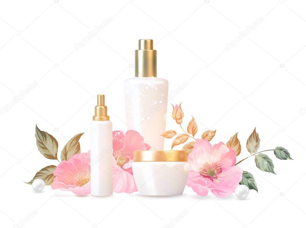 Women care cosmetic in beautiful bottles isolated over white background. Peony flower cream and oil. Moisturizer with Vitamins and Regenerate Cream contains herbal essence.