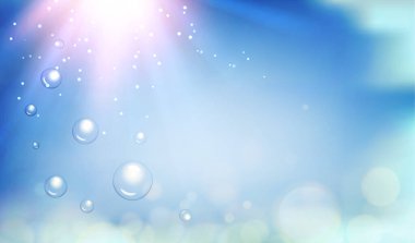 Derin mavi gökyüzü arka planında parlak bir küre kabarcıkları var. Aqua seyahat tasarımı için sualtı güneş ışınları.