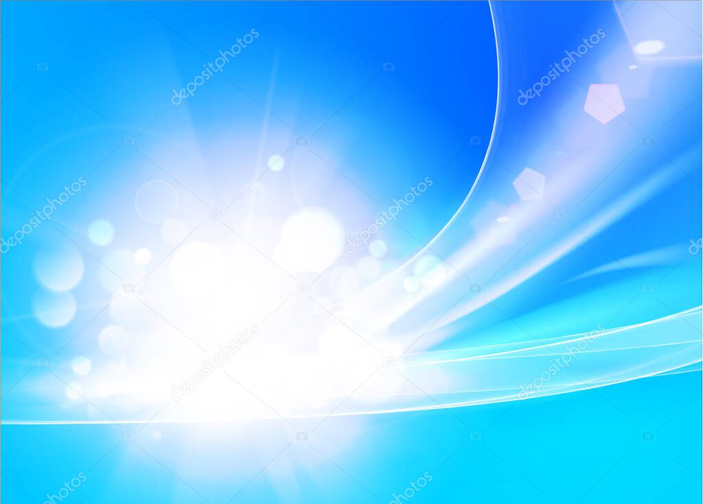 Colorful smooth light lines background. Shiny sunburst of sunbeams on blue lights backdrop. Bokeh and lens flare on light blue background