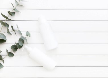 Hafif bir zemin üzerinde doğal kozmetik ürünleri ve eğreltiotu yaprakları ve okaliptüs.