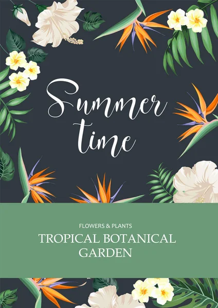 Avesome design for you personal cover with text Summer time. Floral frame design with text tempate. Tropical theme for book cover. Leaf texture illustration in modern style. — Stock Vector