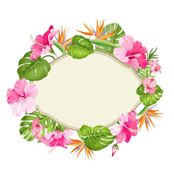 Gyönyörű kártya trópusi strelitzia virágkoszorúval. Trópusi virágfüzér. Virágos virágok meghívó kártya felett fehér háttér. — Stock Vector