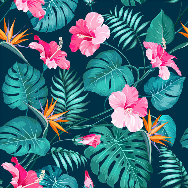 Blossom flowers for seamless pattern background. Tropical flower fashion pattern. Tropic flowers for nature background.