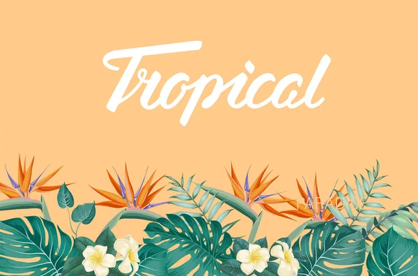 Tropischer Blumenrahmen mit Sommerferientext. Glückliche Urlaubs-Einladungskarte mit floraler Girlande und kalligrafischem Text - Tropisch. — Stockvektor