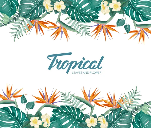 Tropický květinový rám s letními prázdninami text. Pozvánka na sváteční přání s květinovým věncem a kaligrafickým textem - Tropical. — Stockový vektor