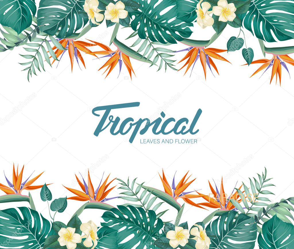 Tropical flower frame with summer holidays text. Happy holiday invitation card with floral garland and calligraphic text - Tropical.