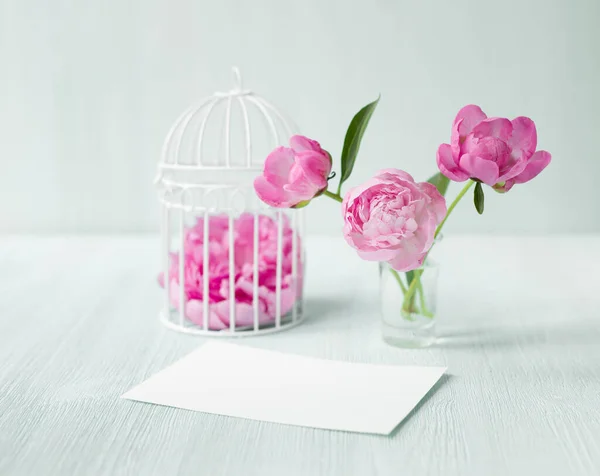 Kleiner Vogelkäfig mit Pfingstrosenblumenstrauß, Einladungskarten-Vorlage mit Textfläche, Shabby Chic Provence Interieur — Stockfoto