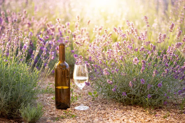 Rotweinflasche und Weinglas auf dem Boden. Eine Flasche Wein gegen Lavendellandschaft. Sonnenuntergang über einem sommerlichen Lavendelfeld. — Stockfoto