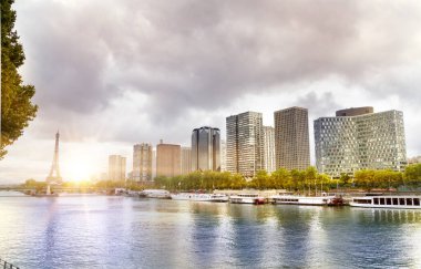 Paris, Fransa 'da Eyfel Kulesi, Seine Nehri ve Özgürlük Heykeli. Seine nehrinde tekneler
