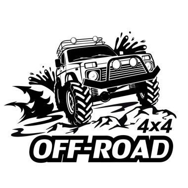 Offroad vagonu 4x4. Etiketler, amblemler, rozetler veya logolar için tek renkli şablon. 