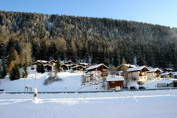 A switzerland town from a train's view, with forest meadow and sky — Stock Photo, Image