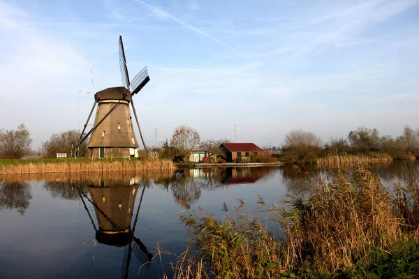 Le windemill dans la ville de Kinderdijk en Hollande, avec le paysage de village, rivière, prairie et ferme — Photo