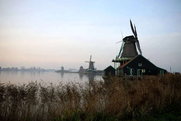 A windemill a városban Kinderdijk Hollandiában, a táj, a falu, a folyó, a rét és a mezőgazdasági — Stock Fotó