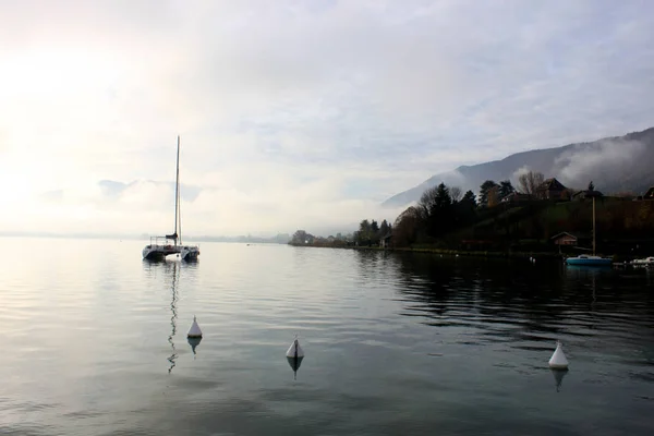 Blauw meer van annecy met een parade van paar futen en bergen op winterochtend — Stockfoto