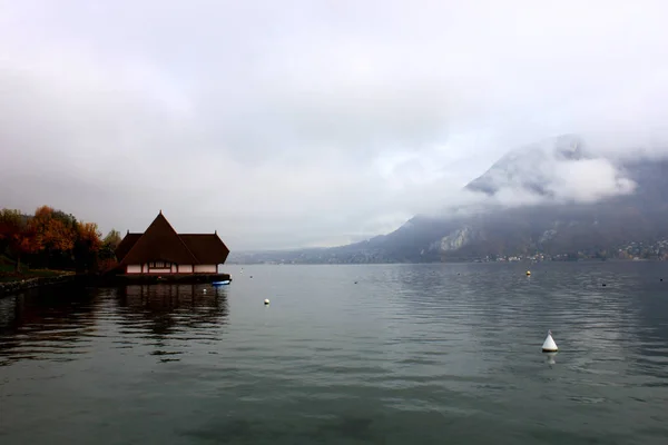 Lago azul de annecy con un desfile de par de grebes y montañas en la mañana de invierno — Foto de Stock