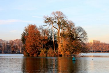 Lake Annecy ağaçlarda sonbahar, Fransa örtülü bir ada.