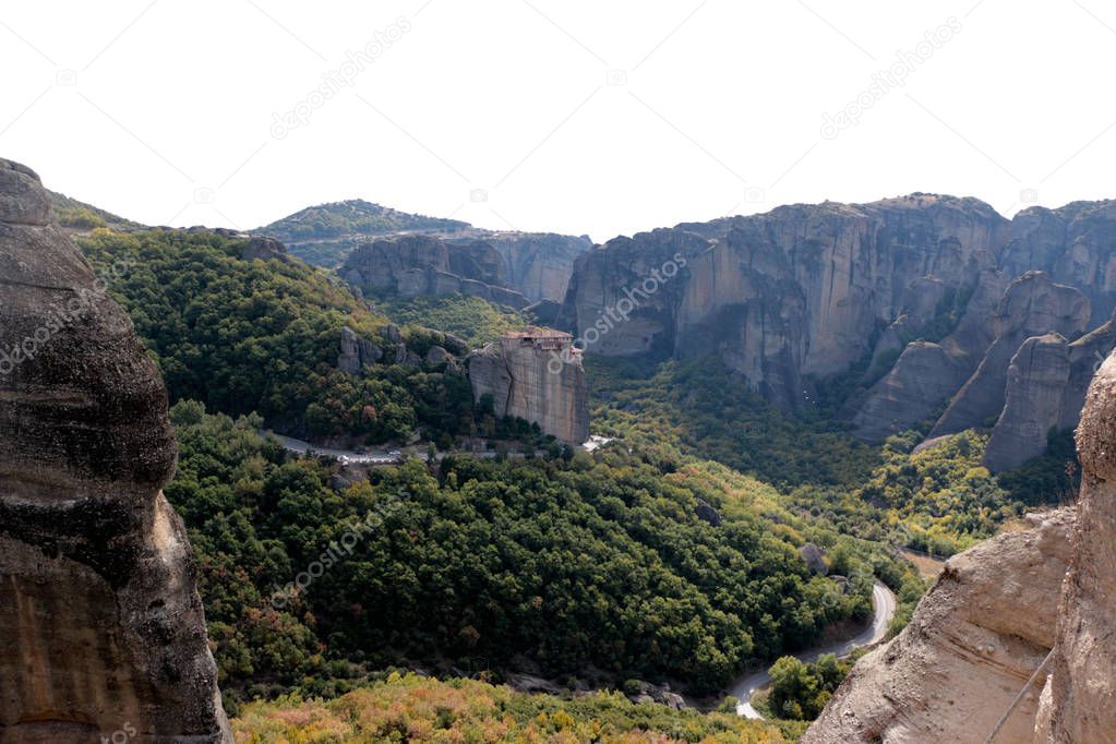 Panoramic view of Holy Monastery of Varlaam placed on the edge of high rock, Kastraki, Greece