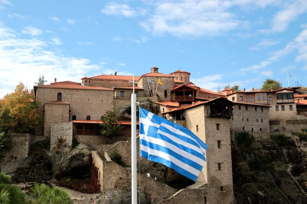 Greece. Meteora. The Greece flag with the Holy Monastery of Great Meteoron, the Transfiguration of Jesus. — Stock Photo, Image