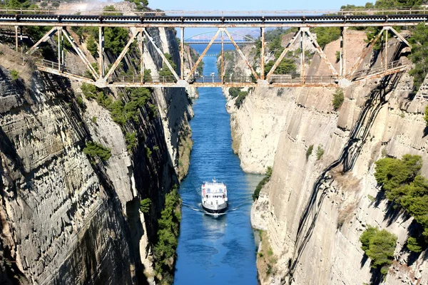 Corinth channel in Greece view on Aegean Sea while a ship is going to pass the channel