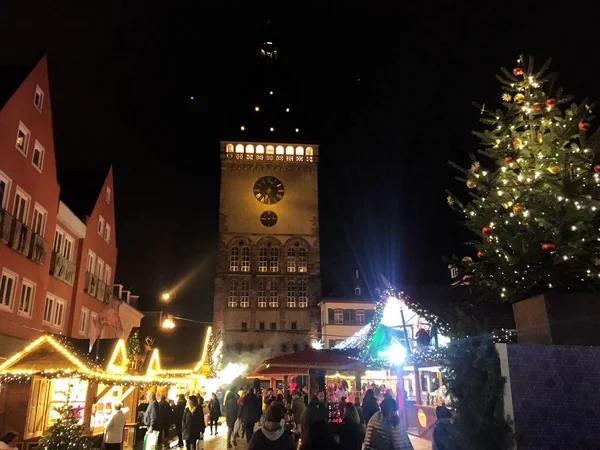 Speyer Alemania 2017 1 de diciembre - Mercado de Navidad en la Catedral de Speyer por la noche — Foto de Stock