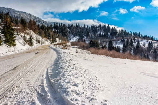 Schneebedeckte Straße durch Fichtenwald in den Bergen — Stockfoto