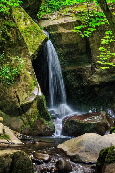 Cascada sale de una enorme piedra en el bosque —  Fotos de Stock