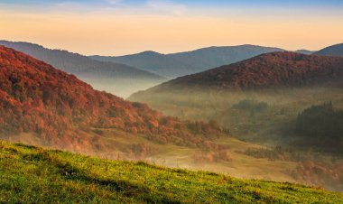 sonbahar orman puslu dağlar üzerinden günbatımı