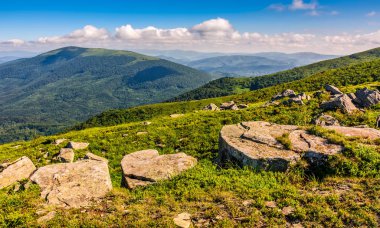 dağ sırtı üstüne çayır üzerinde büyük kayalar