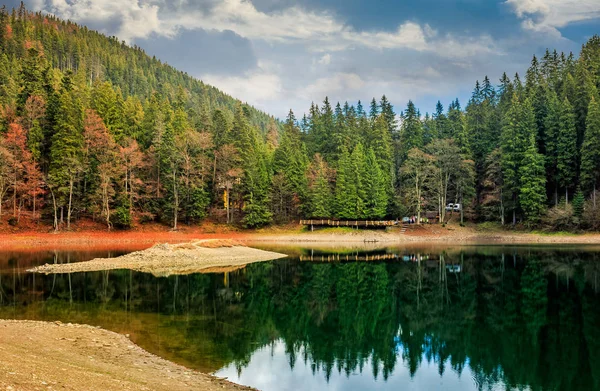 Molo di legno sul lago di montagna nel parco nazionale di Synevir — Foto Stock