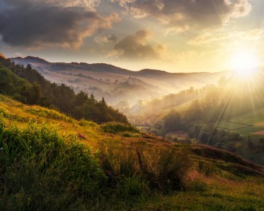 gün batımında kırsal alanda sisli hillside