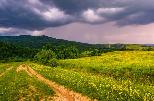 Camino de campo a través de campos rurales en las montañas paisaje de verano —  Fotos de Stock