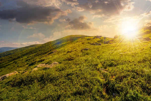 Collina erbosa di montagna in estate al tramonto — Foto Stock