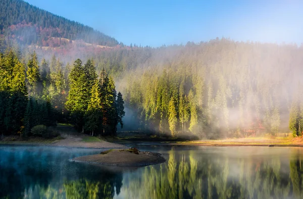 Lago montagnoso nella foresta nebbiosa — Foto Stock
