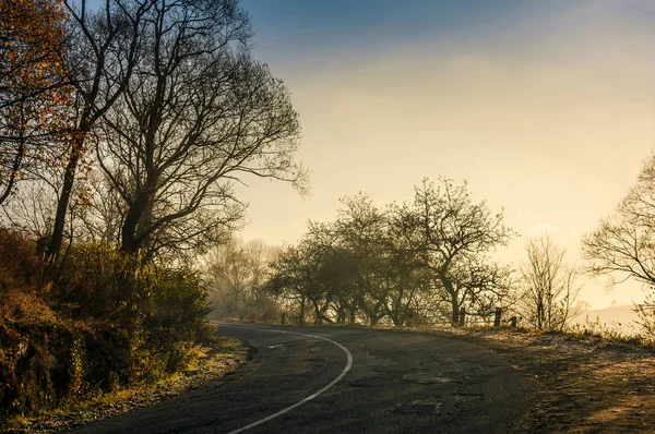 Klikatá cesta krajinou v pozdní podzimní mlha — Stock fotografie