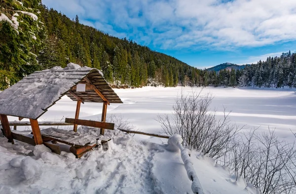 雪に覆われた冬のトウヒの森の木亭 — ストック写真