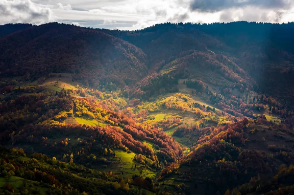 Aldeia em um vale abaixo a colina entre floresta — Fotografia de Stock
