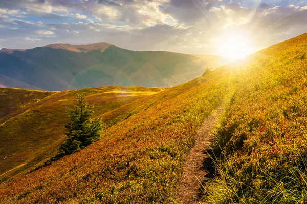 Caminho embora colinas de montanha e cume ao pôr do sol — Fotografia de Stock