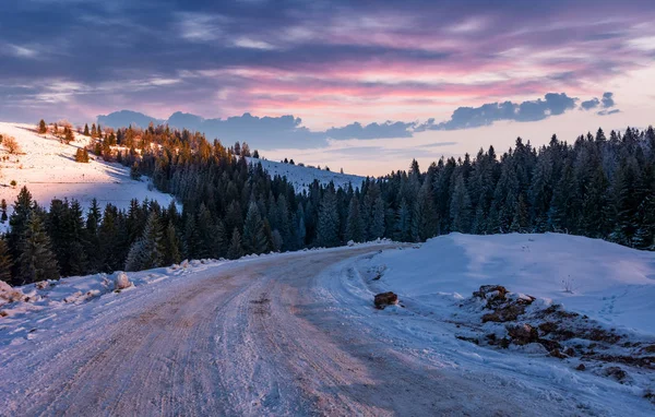 路穿过白雪皑皑的山坡, 在森林里 — 图库照片